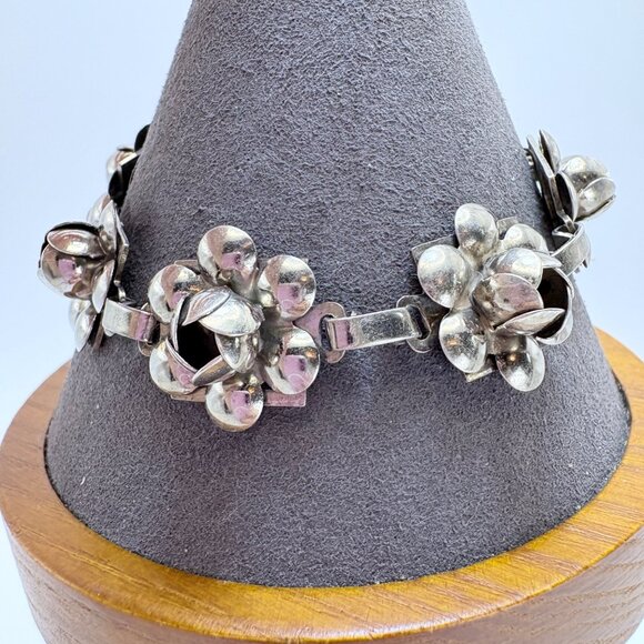 VTG Sterling Silver 925 Puffed Flower Design Link Bracelet Size 7.5" Length - Picture 4 of 11